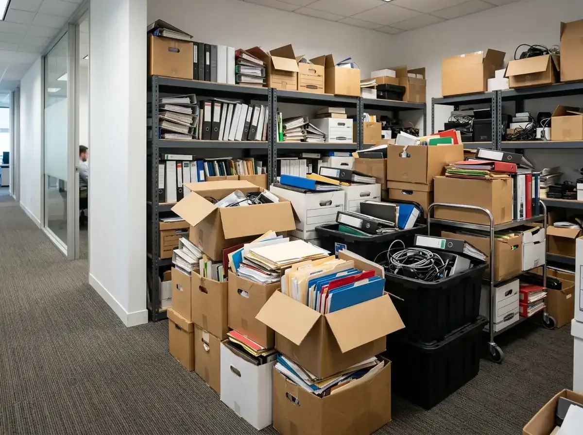 A messy office is cluttered by boxes of binders and documents.